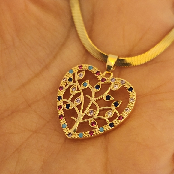 New 18K Gold Plated Multicolored Gemstones Tree Heart Necklace Pendant And Chain - Picture 7 of 7
